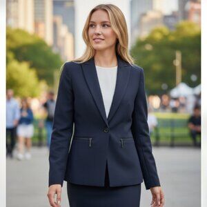 NWT DKNY Women's One Button Blazer with Zipper Pockets Navy